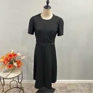 London Times Black Classic Half Sleeve Midi Length Dress With Gold Tone Button